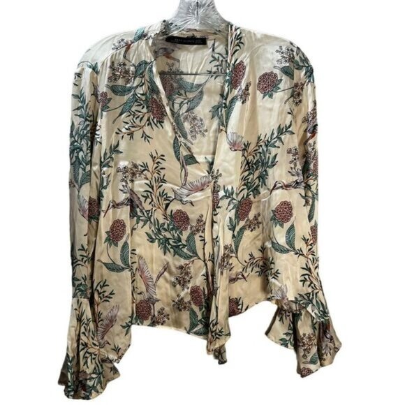 ZARA Silk Floral Detail Bird Pattern Kimono Cream Small - Picture 1 of 6